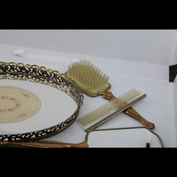 Vintage Ornate Mirrored Vanity Tray Brush Comb Hand Held Mirror - Picture 3 of 8